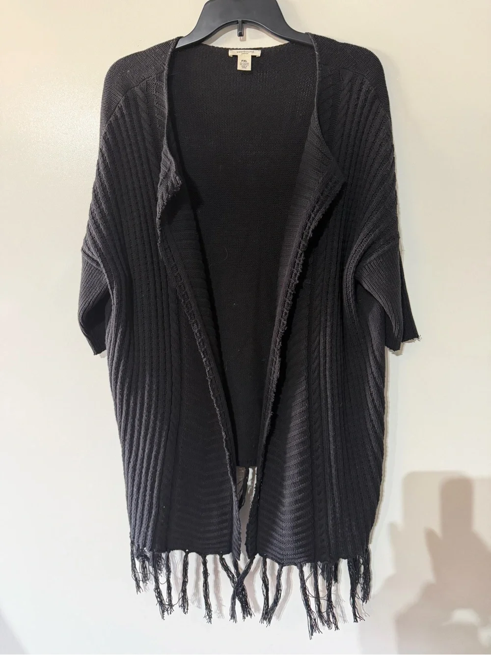 Westbound Black Open-Front Fringe Ribbed Cardigan